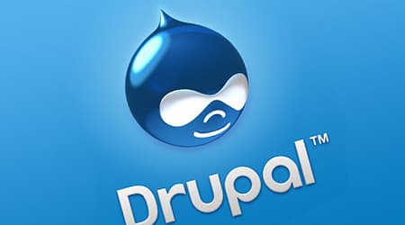 An image of the Drupal the website CMS logo on a blue background