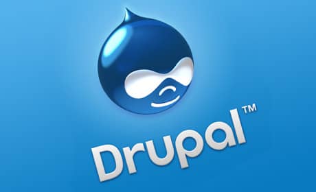 An image of the Drupal the website CMS logo on a blue background